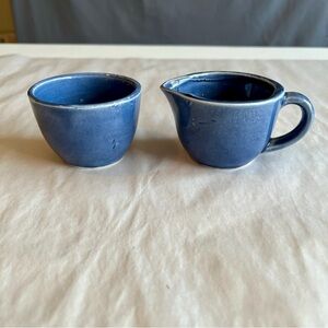 Vintage Japanese Blue Ceramic Mini Creamer & Cup Pot - Set of 2